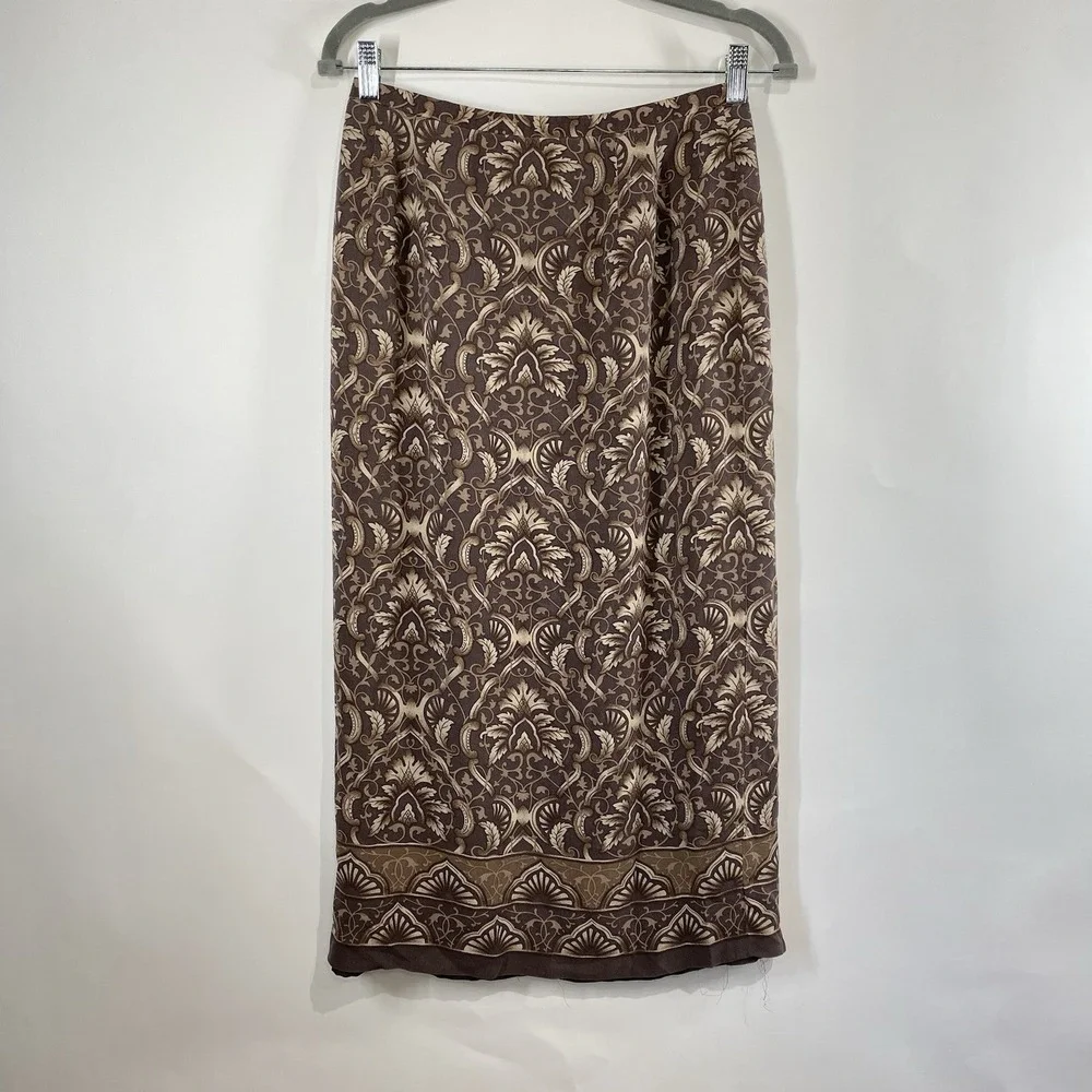 Talbots Womens Petite Pure Silk Damask Skirt Size 8 Old Money Brown Slit Classic